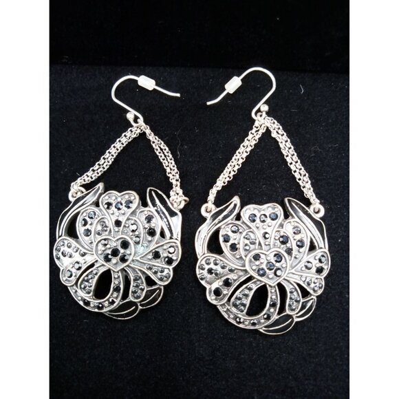 Vintage Silvertone Chain Drop Earrings Black Rhinestone Statement Dangle Gothic - Picture 13 of 14